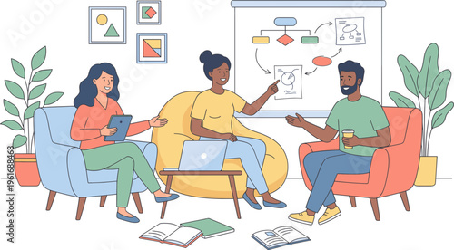 People sitting in living room discussing on laptop and tablet