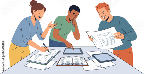 People study together at a table with books and papers