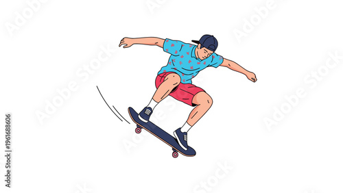 Skilled young man in a blue shirt and red shorts performing a kickflip trick on a skateboard against a plain white background.