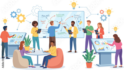 People working together in office environment with brainstorming session and technology