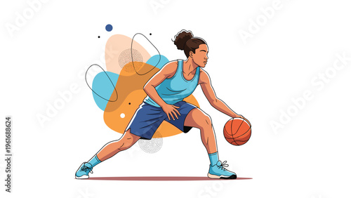 Determined female basketball player dribbling a ball on a court against a colorful abstract background of organic shapes.