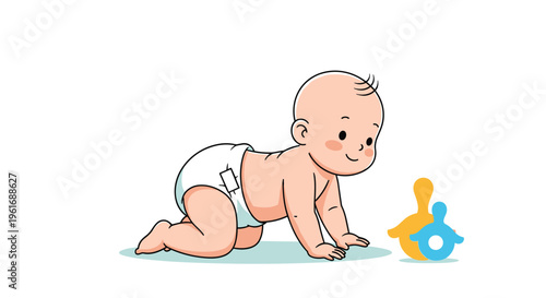 Adorable baby wearing a diaper crawling on the floor while looking at colorful toys in a very simple and clean white background.