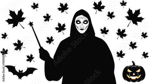 Dark hooded wizard with glowing eyes, halloween pumpkin bat autumn leaves vector illustration for spooky horror fantasy design