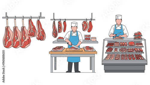 Set of butchers working in a traditional meat shop preparing cuts of beef and displaying products behind a glass service counter.