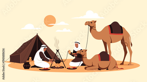 Bedouin men in traditional white robes resting near a campfire and tent with two camels in a hot desert landscape under the sun.
