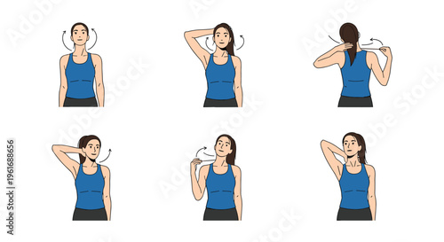 Series of illustrations showing a young woman in blue sportswear performing various neck stretches and mobility exercises for health.