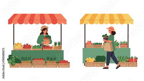 Colorful market scene with vendors selling fresh organic fruits and vegetables from wooden crates under striped canopy stalls.
