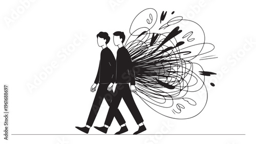 Two Businessmen Walking Together With Chaotic Lines For Teamwork And Stress Concepts