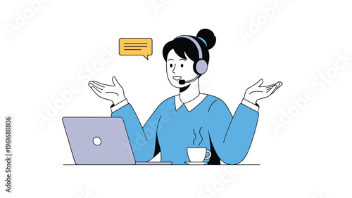 Friendly female customer service agent wearing a headset works on her laptop to help online clients with a smile.