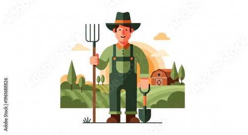 Farmer standing with pitchfork and shovel in rural landscape with farmhouse