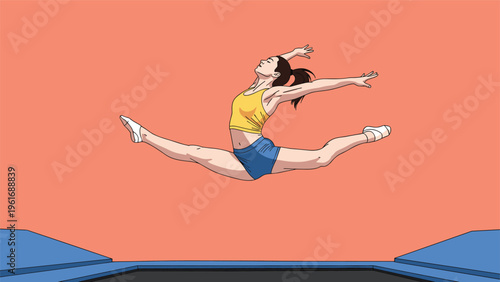 Talented female gymnast performs a perfect split jump on a trampoline against a vibrant solid orange background.