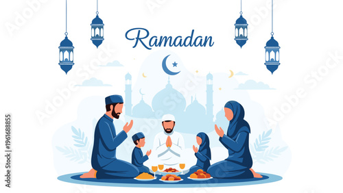 Devout Muslim family prays together during the holy month of Ramadan with a blue mosque silhouette in the background.