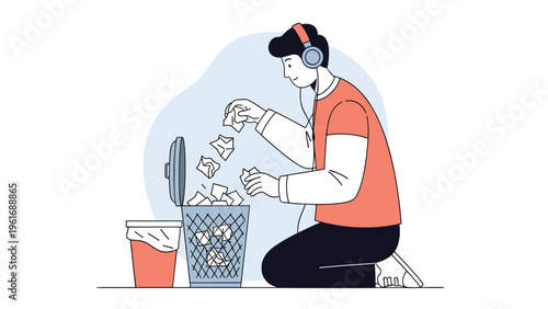 Focused young man wearing headphones listens to music while throwing crumpled paper into a bin at his home office.