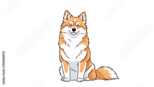 Beautiful long haired dog sits calmly and looks directly at the camera with a friendly expression on white background.