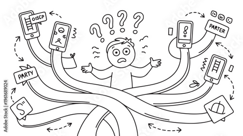 Confused Young Man Surrounded By Multiple Social Media Paths For Technology And Communication Concepts