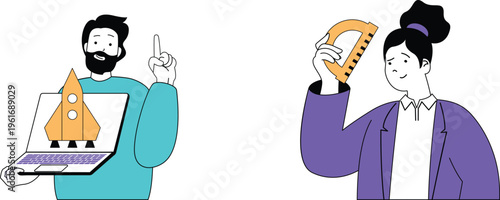 Two professionals discussing a space project with one using a laptop and the other holding a protractor for precision planning