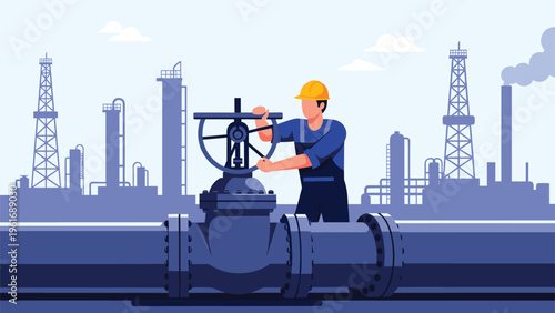 Skilled industrial technician works on a pipeline valve at an oil refinery facility under a clear blue morning sky.
