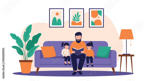 Loving father sits on a purple sofa and reads an interesting storybook to his two little daughters in the evening.