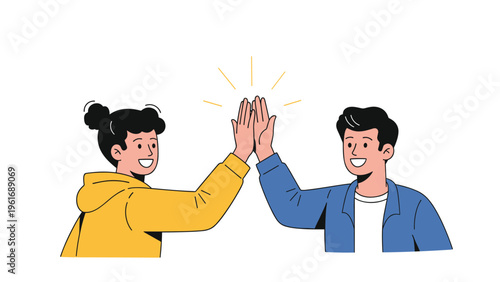 Two cheerful friends give each other a high five to celebrate a success or a job well done in a flat vector style.