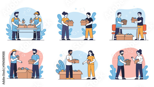 Set of illustrations shows kind volunteers distributing boxes of food and supplies to people in their community.