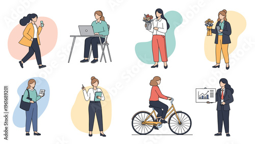 Set of diverse women engaged in various activities like office work, cycling, and giving a business presentation.