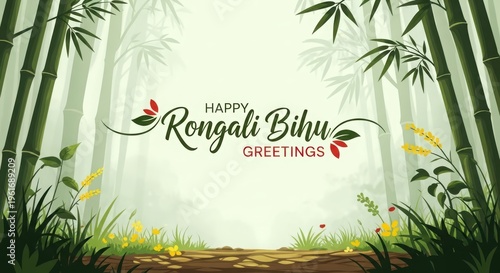 A lush bamboo forest scene with a greeting for the Rongali Bihu festival