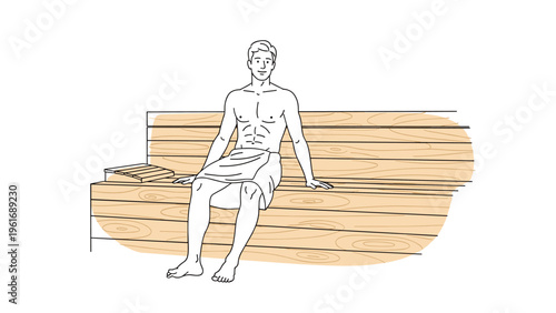 Young man relaxes on a wooden bench inside a traditional sauna for a health and wellness treatment after a long day.