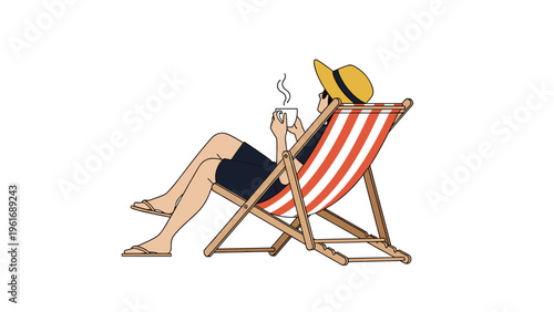 Person wearing a sun hat relaxes in a striped lounge chair on the beach with a cup of hot coffee on a summer morning.