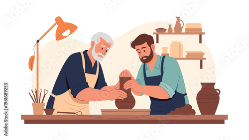 Experienced male potter teaches a young student how to create a ceramic vase on a spinning wheel in his studio.