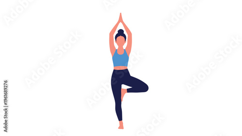 Fit woman in athletic wear practices the yoga tree pose for better balance and mental well being in a white space.