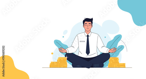 Successful businessman sitting in a lotus pose and meditating peacefully between stacks of gold coins and decorative green leaves.