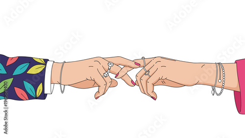 Two hands adorned with elegant rings and bracelets reach out across a white space to gently touch fingertips in a close connection.