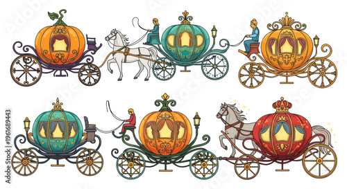 Magical Pumpkin Carriages with Horses and Drivers, Fairy Tale Fantasy
