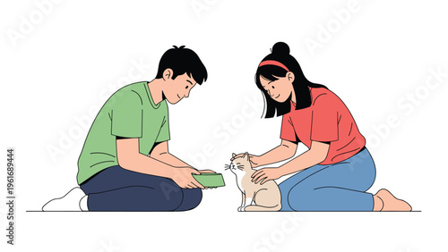 Young man and woman kneel on the floor together to pet a cute cat while capturing the moment with a digital smartphone camera.