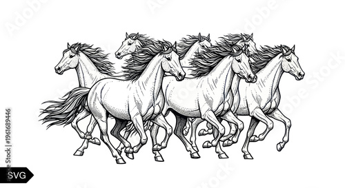 Herd of Wild Horses Running Freely, Dynamic Black and White Illustration
