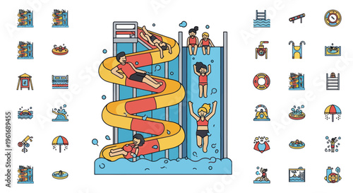 People enjoying a water slide at a water park, summer fun, vacation