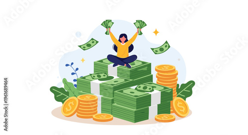 Successful woman sitting in a lotus pose on huge stacks of cash and gold coins while throwing money into the air with joy.