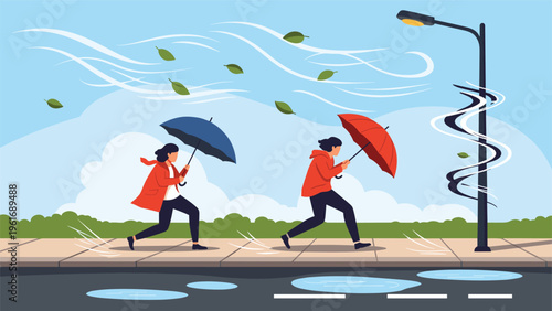 Two people struggle to walk against strong winds and heavy rain while holding umbrellas during a powerful autumn storm in the city.