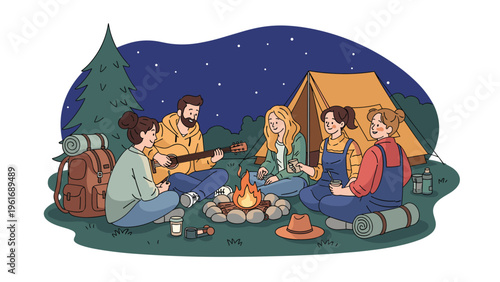 Group of friends sits around a glowing campfire at night, enjoying music and company while camping in the woods under the stars.