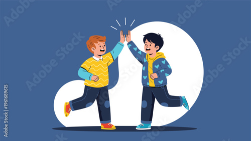 Two happy young boys in colorful sweaters share a moment of friendship and success by giving each other a high five in the air.