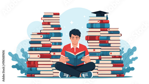 Focused male student sits on the floor surrounded by tall stacks of books while reading to prepare for an exam.