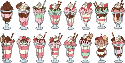 Ice cream sundae desserts set with chocolate strawberry vanilla scoops toppings colorful sweet illustration collection