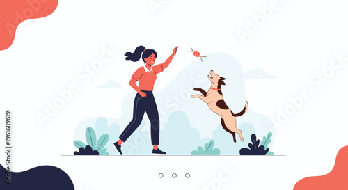 Energetic young woman playing outdoors and jumping with her happy pet dog against a very simple and clean landscape background.