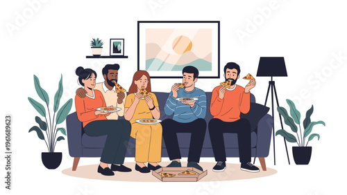 Group of diverse friends sits together on a couch, enjoying a casual pizza party and having fun in a cozy indoor environment.
