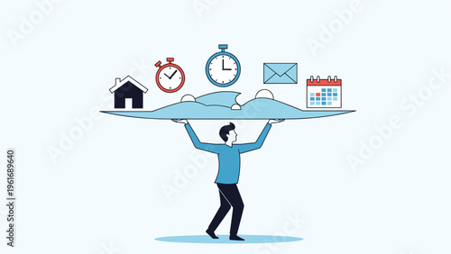 Conceptual illustration of a man balancing a platter with icons for home, time, mail, and tasks, representing work-life balance.