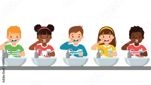 Group of children from diverse backgrounds stand in a row and learn about dental hygiene by brushing their teeth over sinks.
