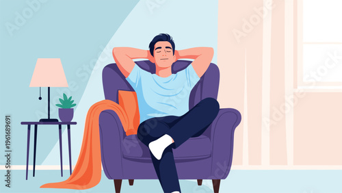 Peaceful man relaxes in a purple armchair with his eyes closed and hands behind his head in a quiet and comfortable living room.