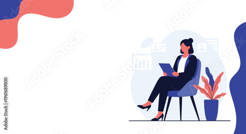 Professional woman sitting on a blue chair and reading a document while waiting in a modern office or clinic reception area.