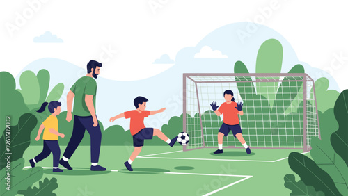Family spends a fun afternoon at the park playing soccer together with a father watching his children practice their goal kicks.