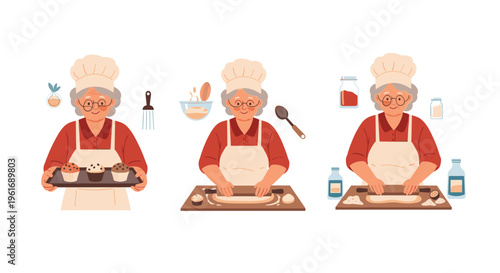 Elderly female chef wearing a red shirt and apron baking delicious muffins and rolling dough on a board in the kitchen.
